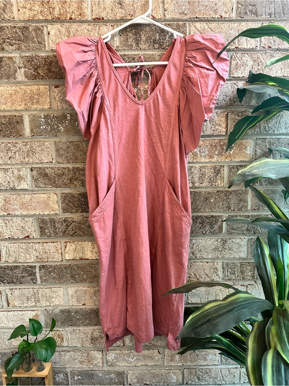 Anthropologie Puff-Sleeve Rose Pink Midi Dress with V-Neck back and Pockets NWT